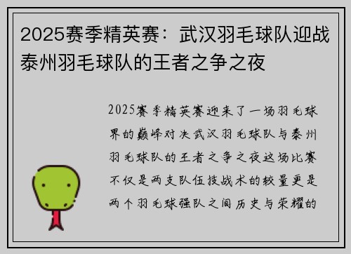 2025赛季精英赛：武汉羽毛球队迎战泰州羽毛球队的王者之争之夜