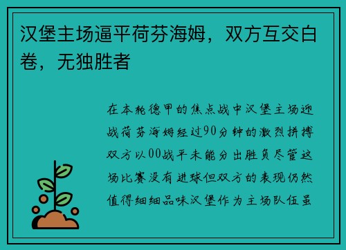汉堡主场逼平荷芬海姆，双方互交白卷，无独胜者