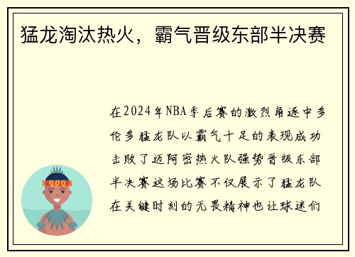 猛龙淘汰热火，霸气晋级东部半决赛